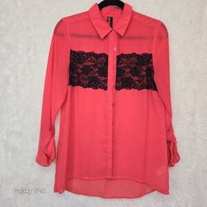 Elegant Coral Lace Panel Women's Top